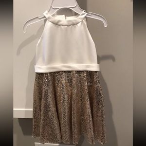 David’s Bridal Ivory Flower Girl Dress - High Neck, Gold Sequin, Bow - Size 2